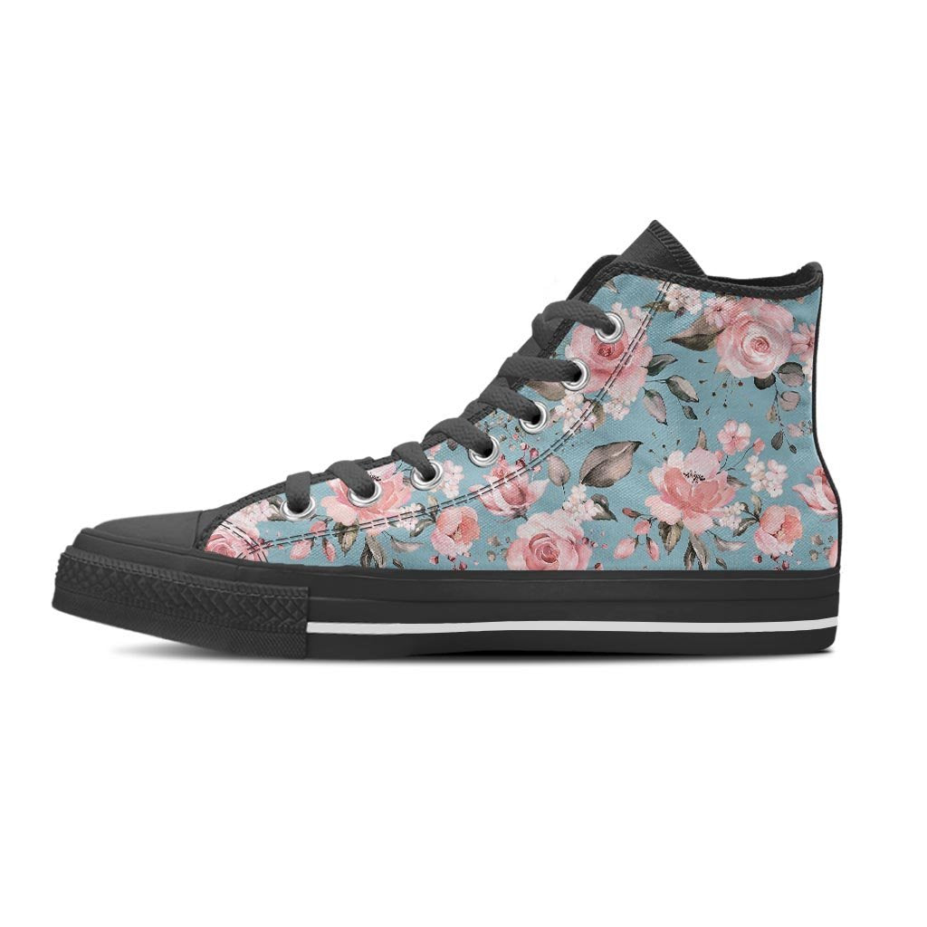 Pink Rose Flower Print Women's High Top Shoes-grizzshop