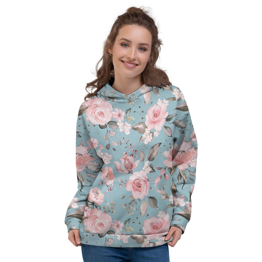 Pink Rose Flower Print Women's Hoodie-grizzshop