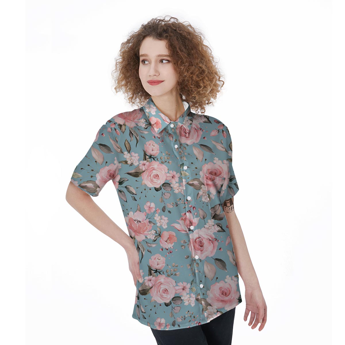 Pink Rose Flower Print Women's Short Sleeve Shirts-grizzshop