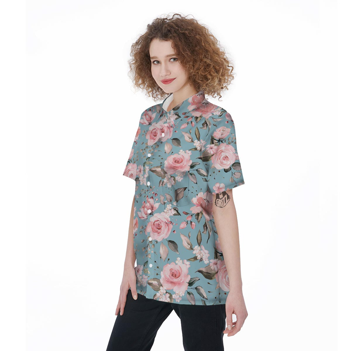 Pink Rose Flower Print Women's Short Sleeve Shirts-grizzshop