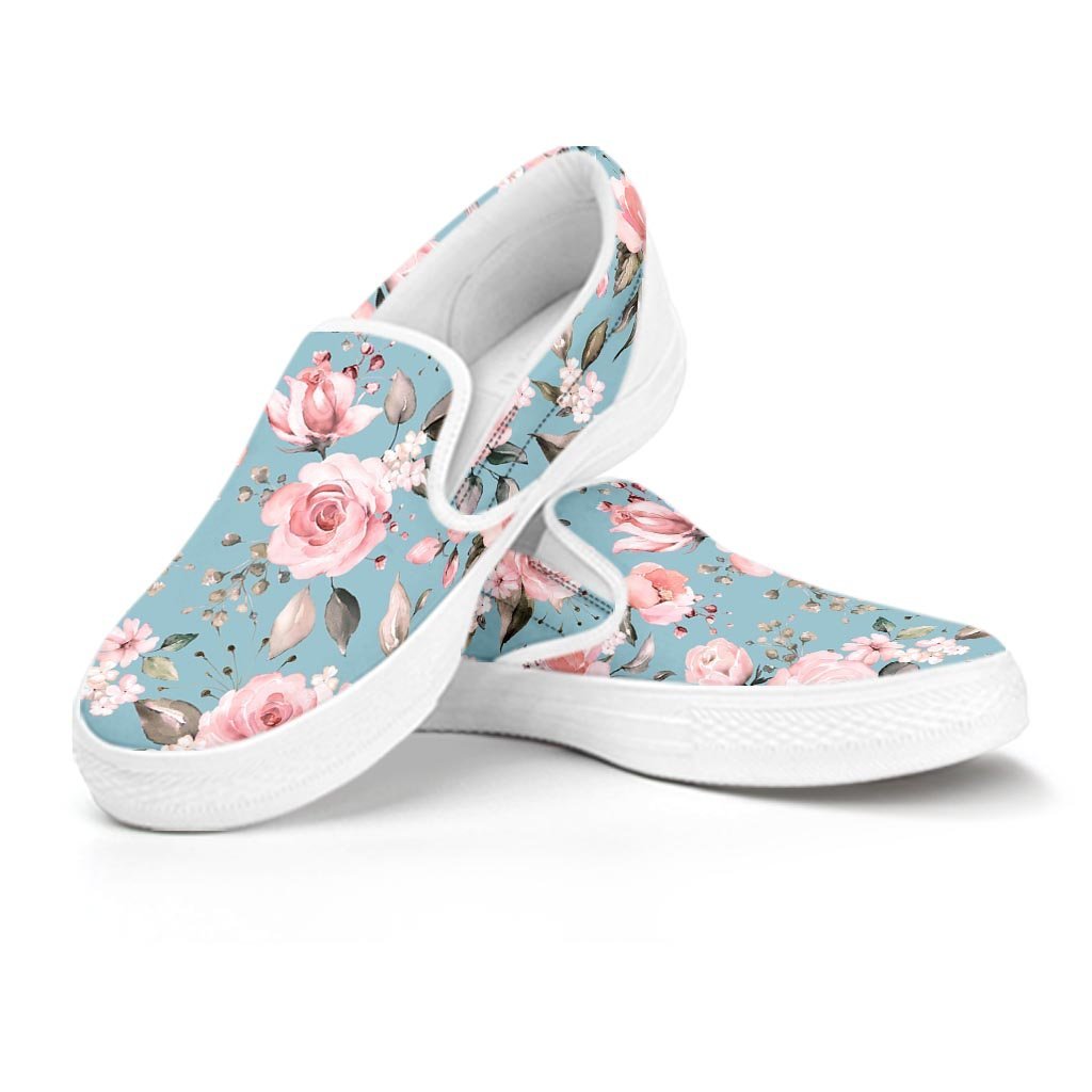 Pink Rose Flower Print Women's Slip On Sneakers-grizzshop