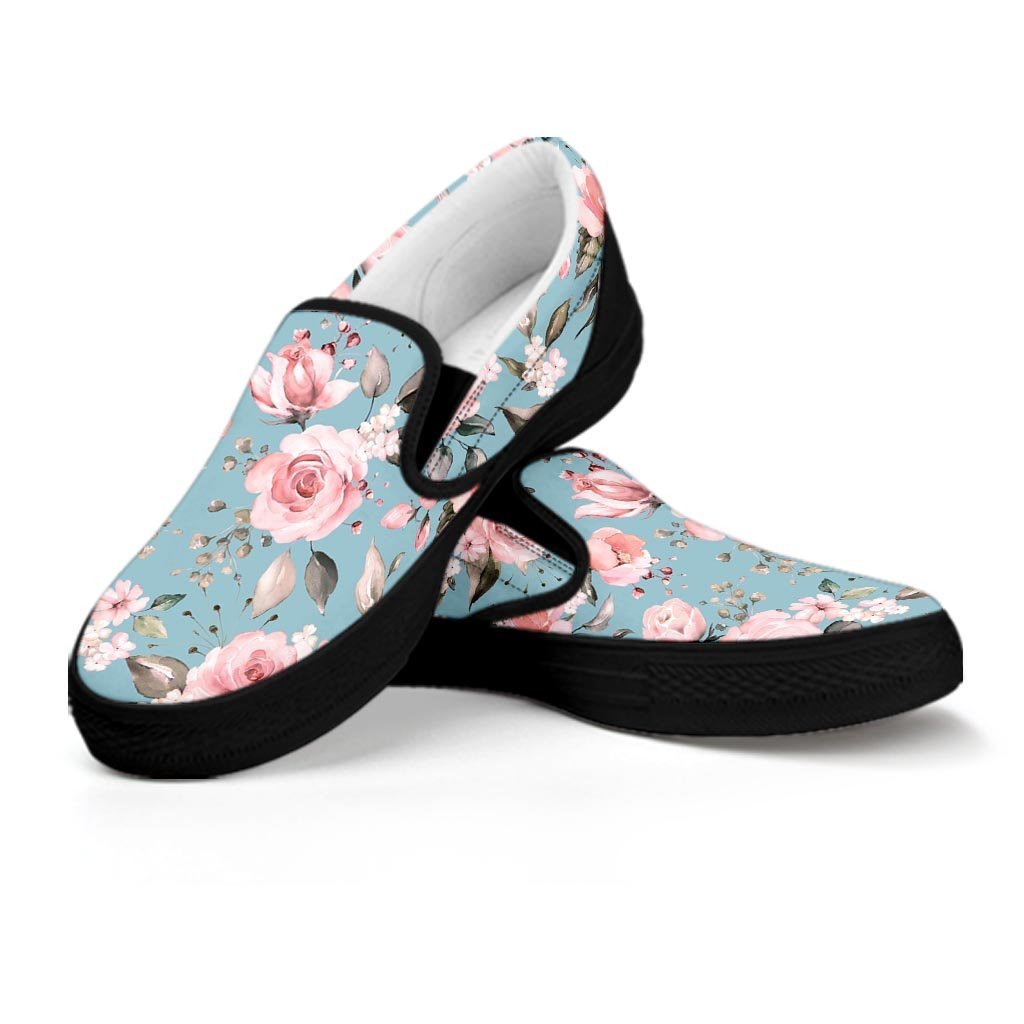 Pink Rose Flower Print Women's Slip On Sneakers-grizzshop