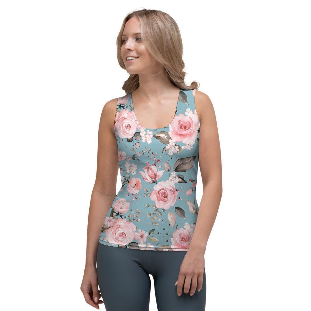 Pink Rose Flower Print Women's Tank Top-grizzshop