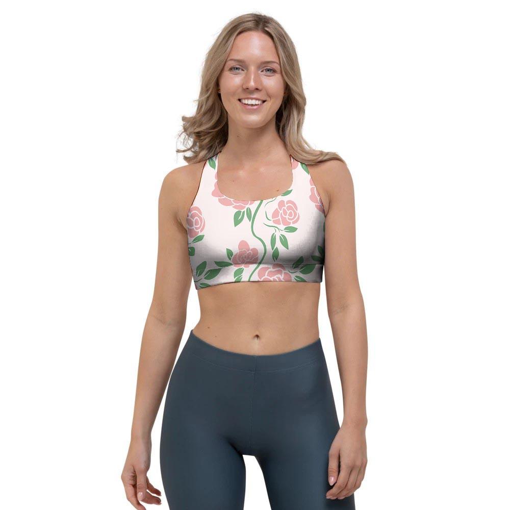 Pink Rose Flower Sports Bra-grizzshop