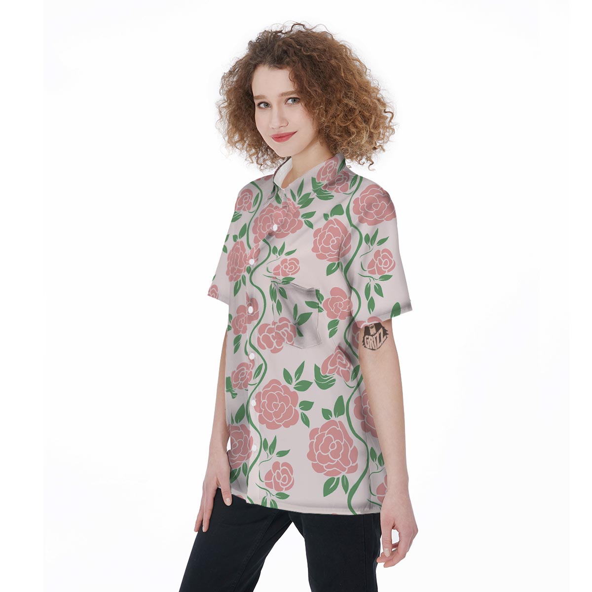 Pink Rose Flower Women's Short Sleeve Shirts-grizzshop