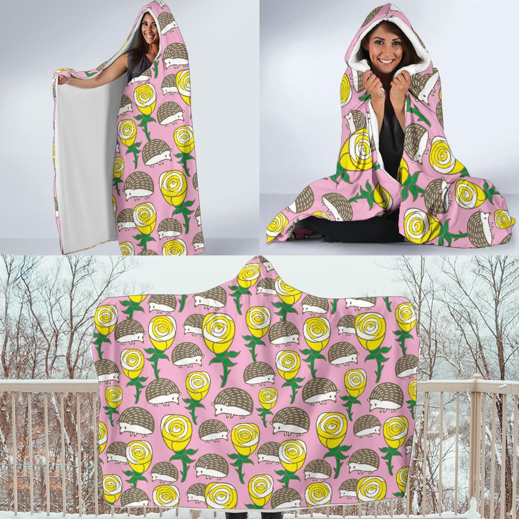 Pink Rose Hedgehogs Hooded Blanket-grizzshop