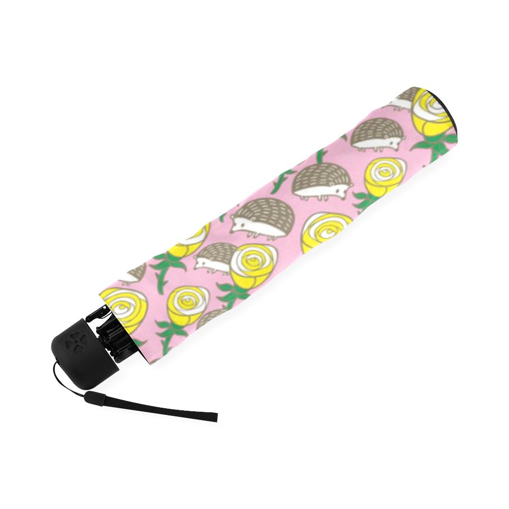 Pink Rose Hedgehogs Pattern Print Foldable Umbrella-grizzshop