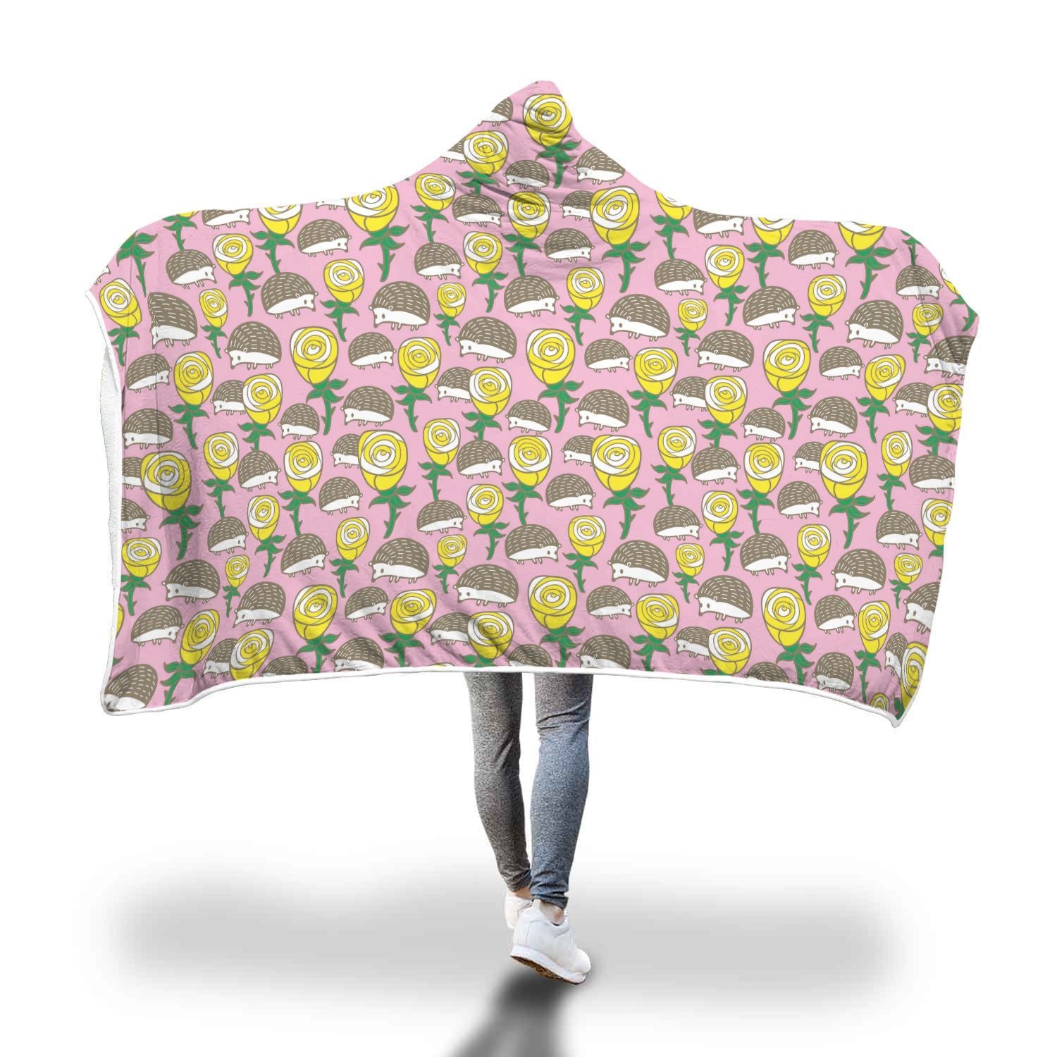 Pink Rose Hedgehogs Pattern Print Hooded Blanket-grizzshop
