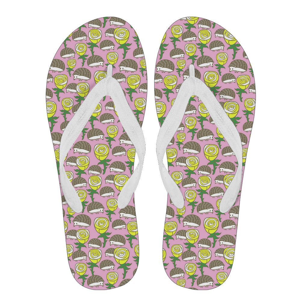 Pink Rose Hedgehogs Pattern Print Men & Women Flip Flops-grizzshop