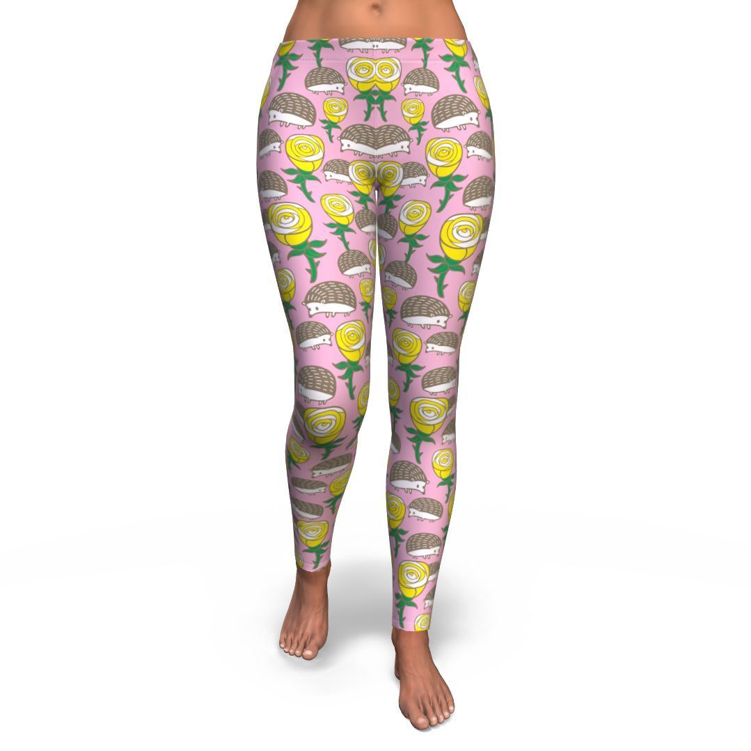 Pink Rose Hedgehogs Pattern Print Pattern Women Leggings-grizzshop