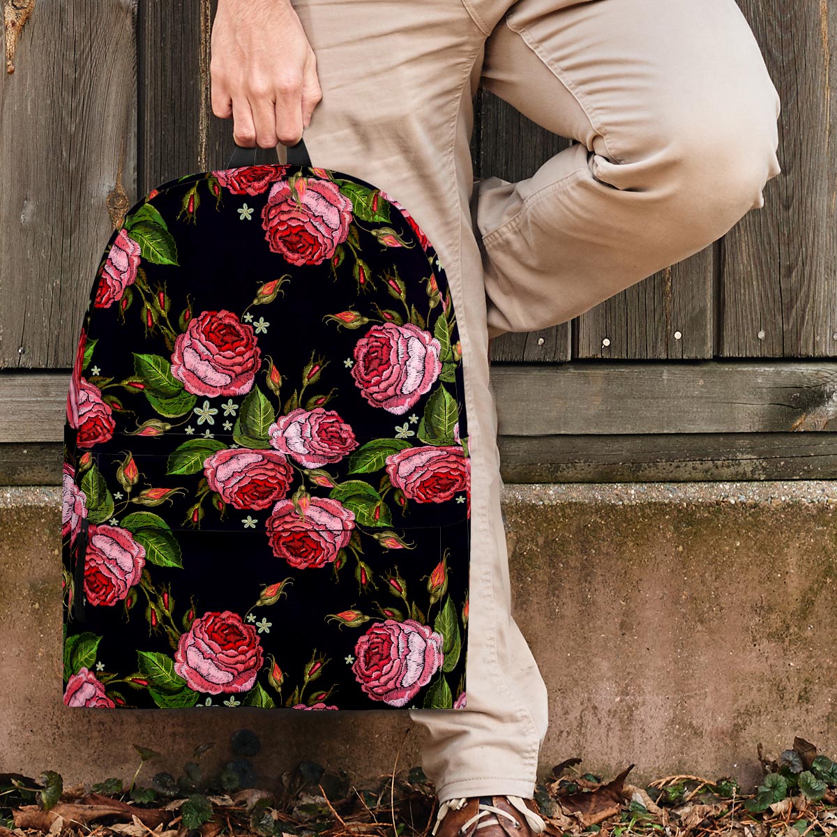 Pink Rose Print Backpack-grizzshop