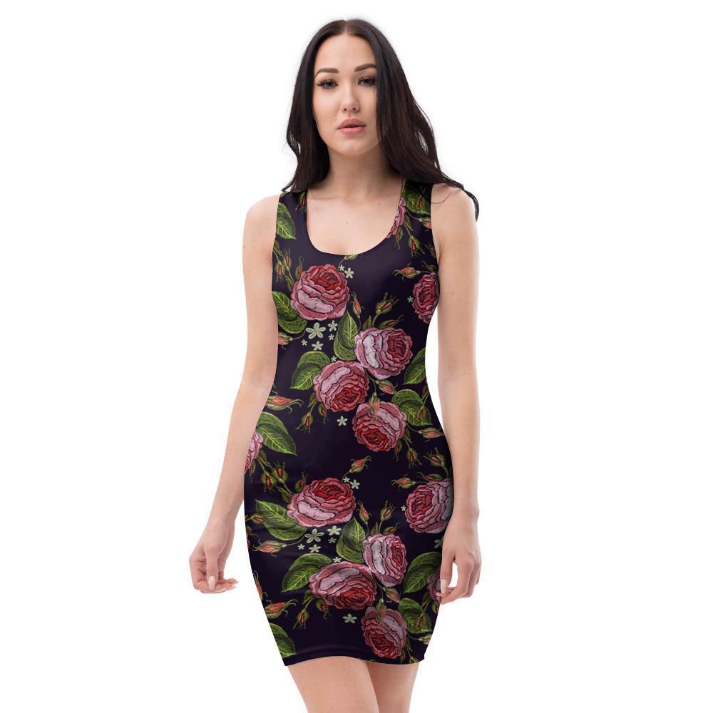 Pink Rose Print Bodycon Dress-grizzshop