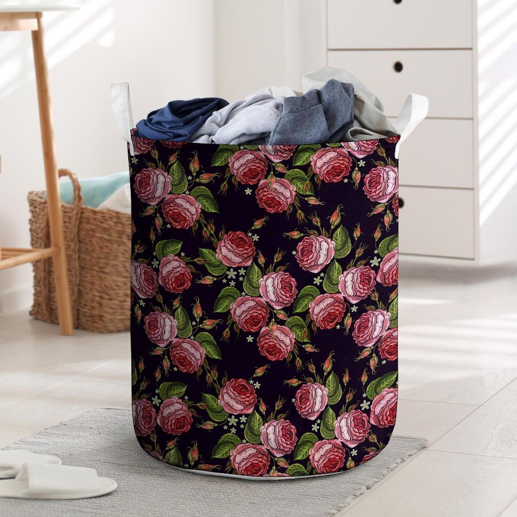 Pink Rose Print Laundry Basket-grizzshop