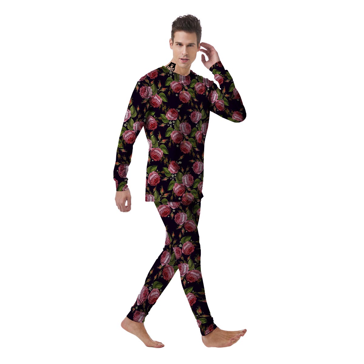 Pink Rose Print Men's Pajamas-grizzshop