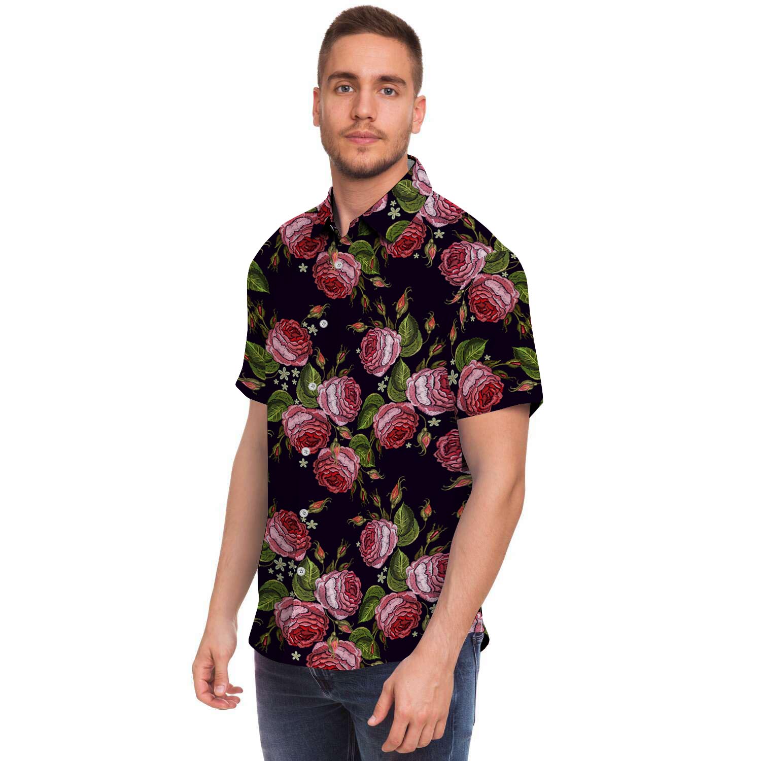Pink Rose Print Men's Short Sleeve Shirt-grizzshop