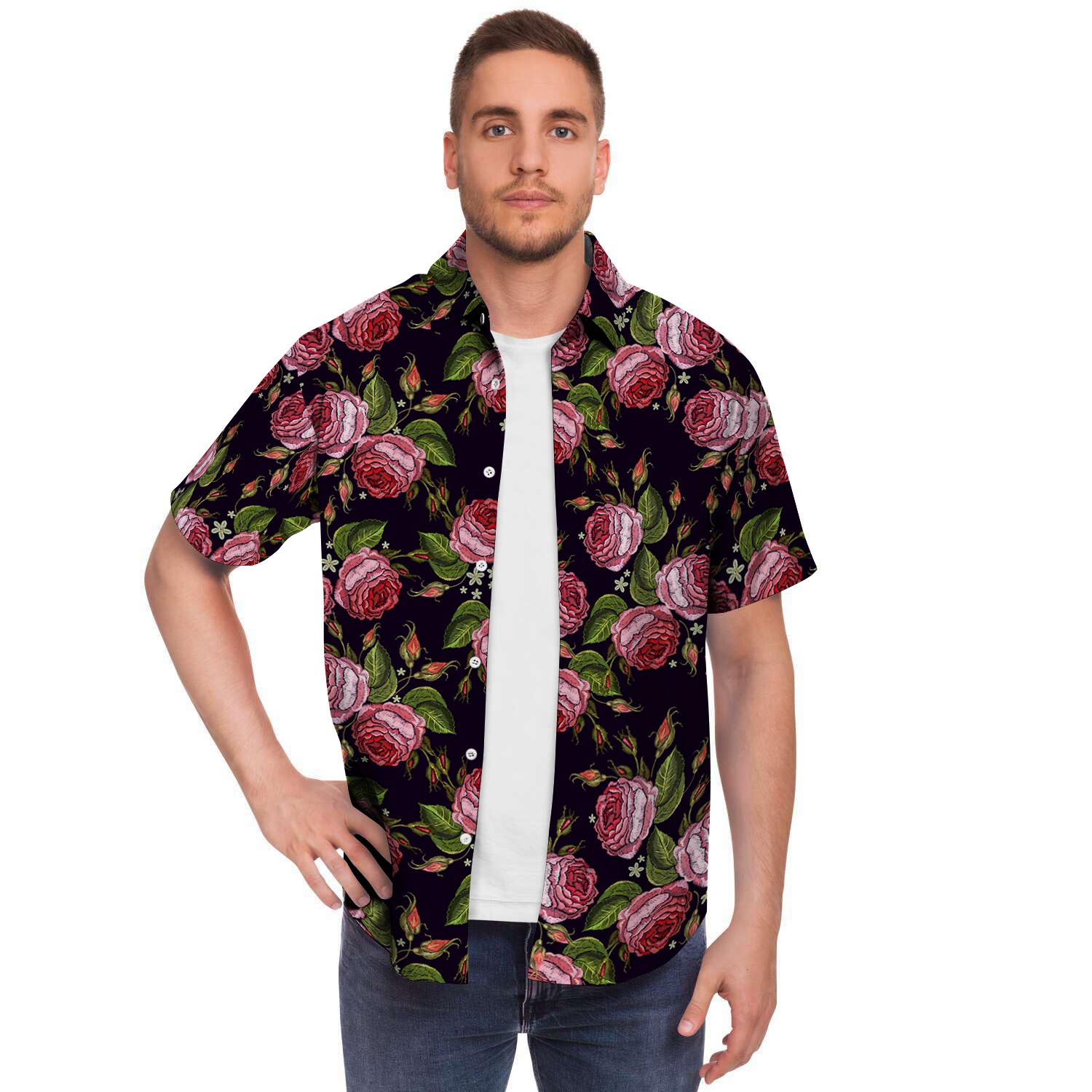 Pink Rose Print Men's Short Sleeve Shirt-grizzshop
