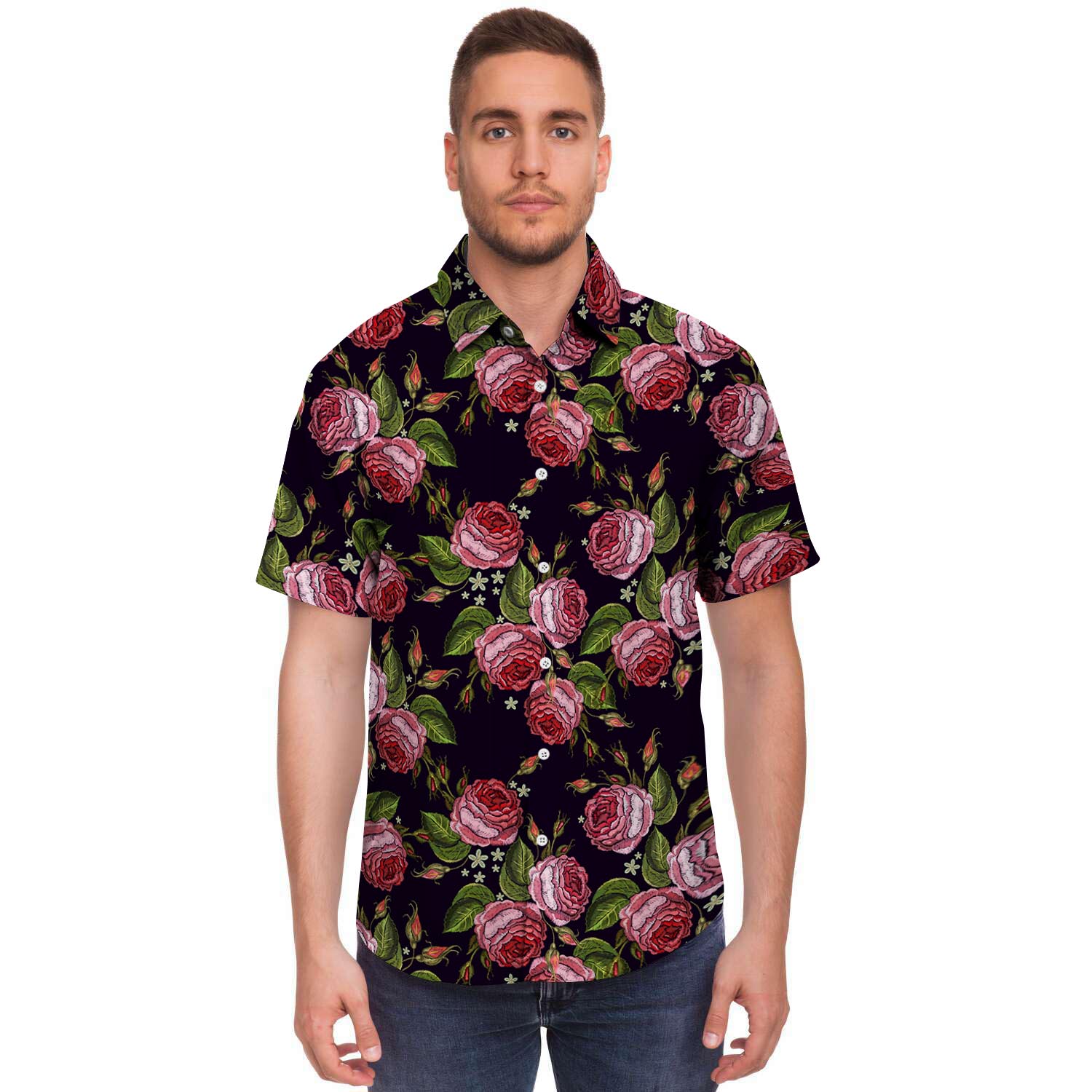 Pink Rose Print Men's Short Sleeve Shirt-grizzshop