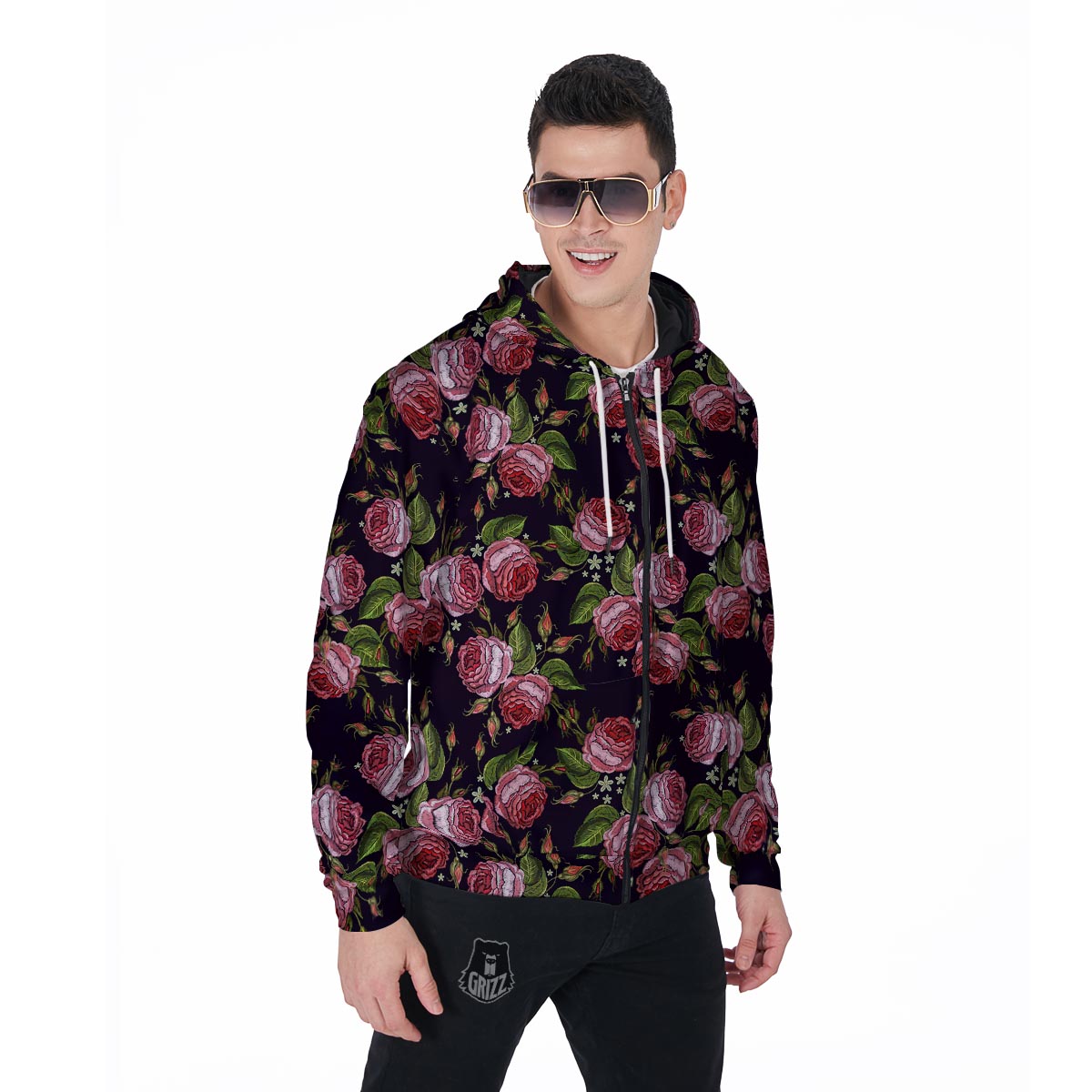 Pink Rose Print Men's Zip Up Hoodie-grizzshop