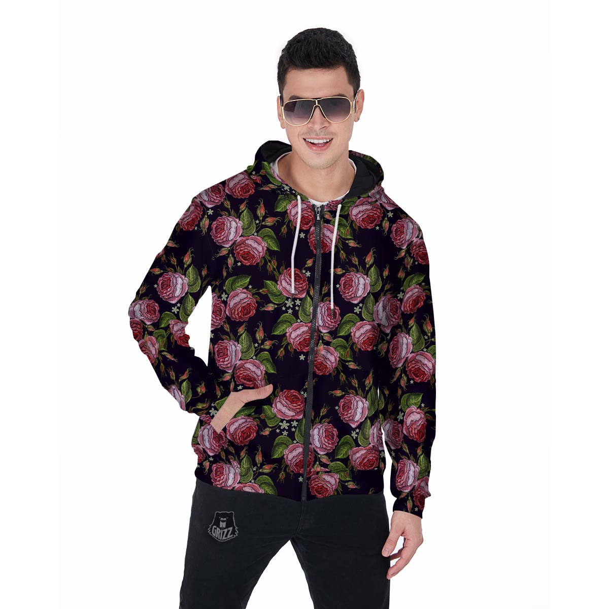 Pink Rose Print Men's Zip Up Hoodie-grizzshop