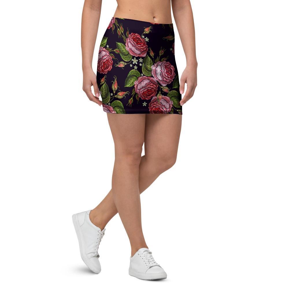 Pink Rose Print Mini Skirt-grizzshop