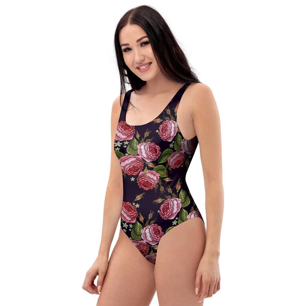 Pink Rose Print One Piece Swimsuite-grizzshop