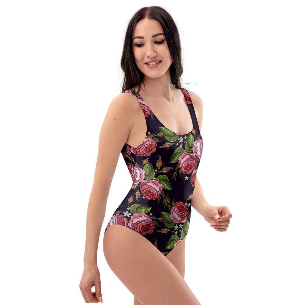 Pink Rose Print One Piece Swimsuite-grizzshop