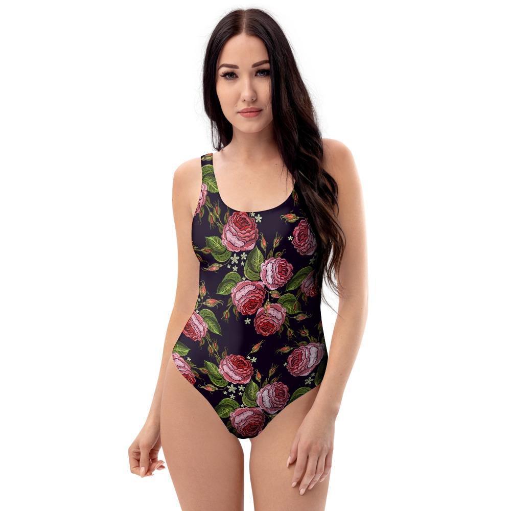 Pink Rose Print One Piece Swimsuite-grizzshop