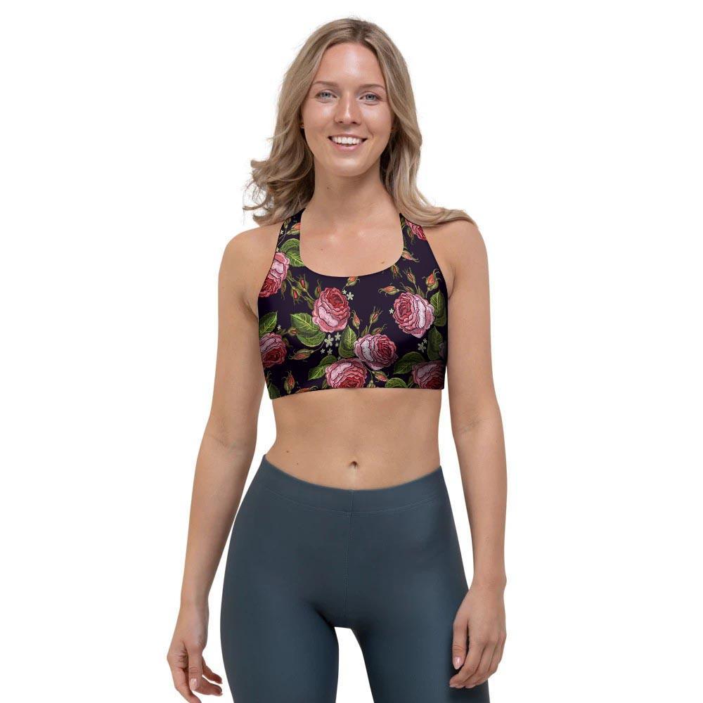 Pink Rose Print Sports Bra-grizzshop