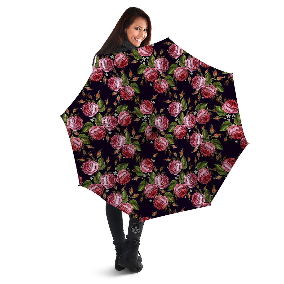 Pink Rose Print Umbrella-grizzshop