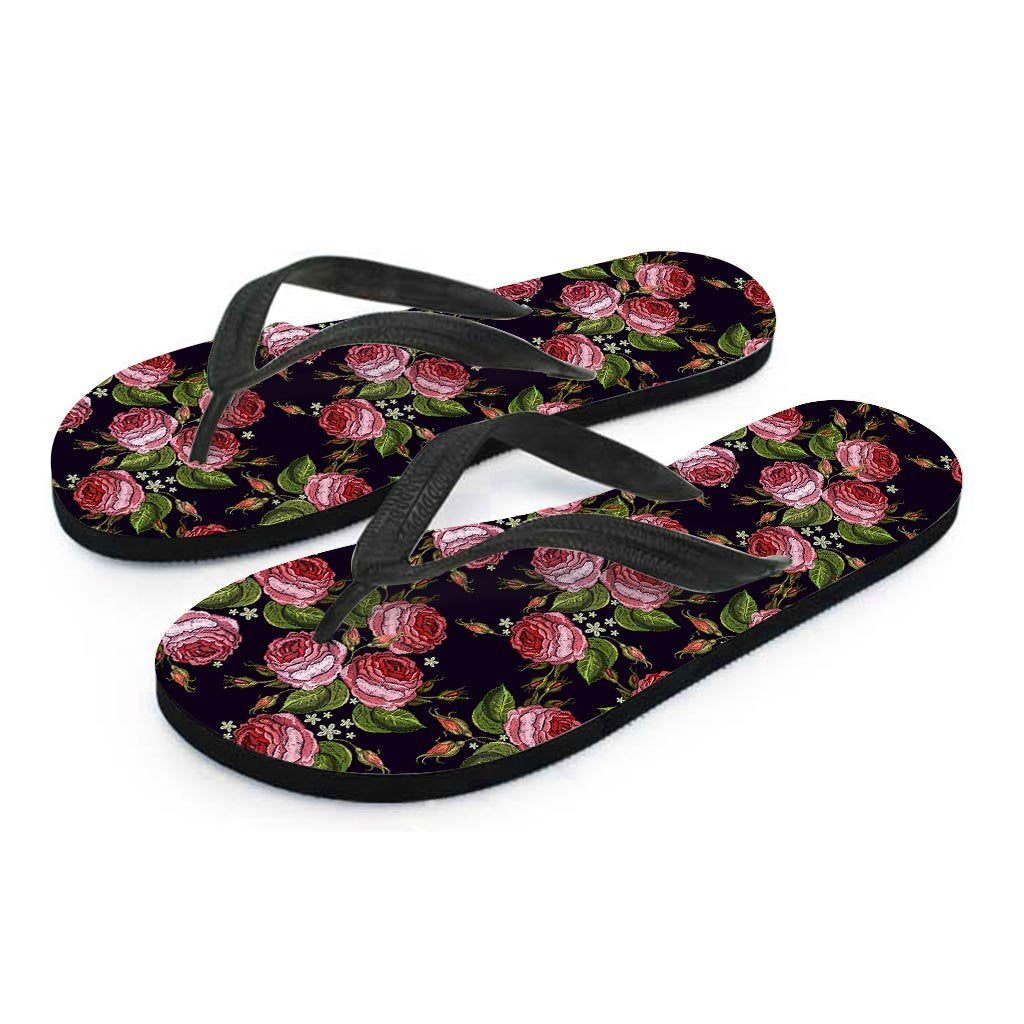 Pink Rose Print Women's Flip Flops-grizzshop