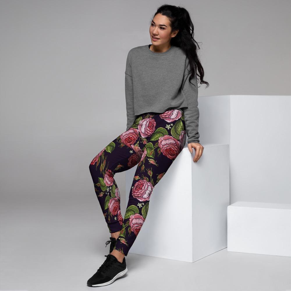 Pink Rose Print Women's Joggers-grizzshop