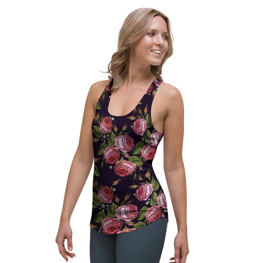 Pink Rose Print Women's Racerback Tank Top-grizzshop