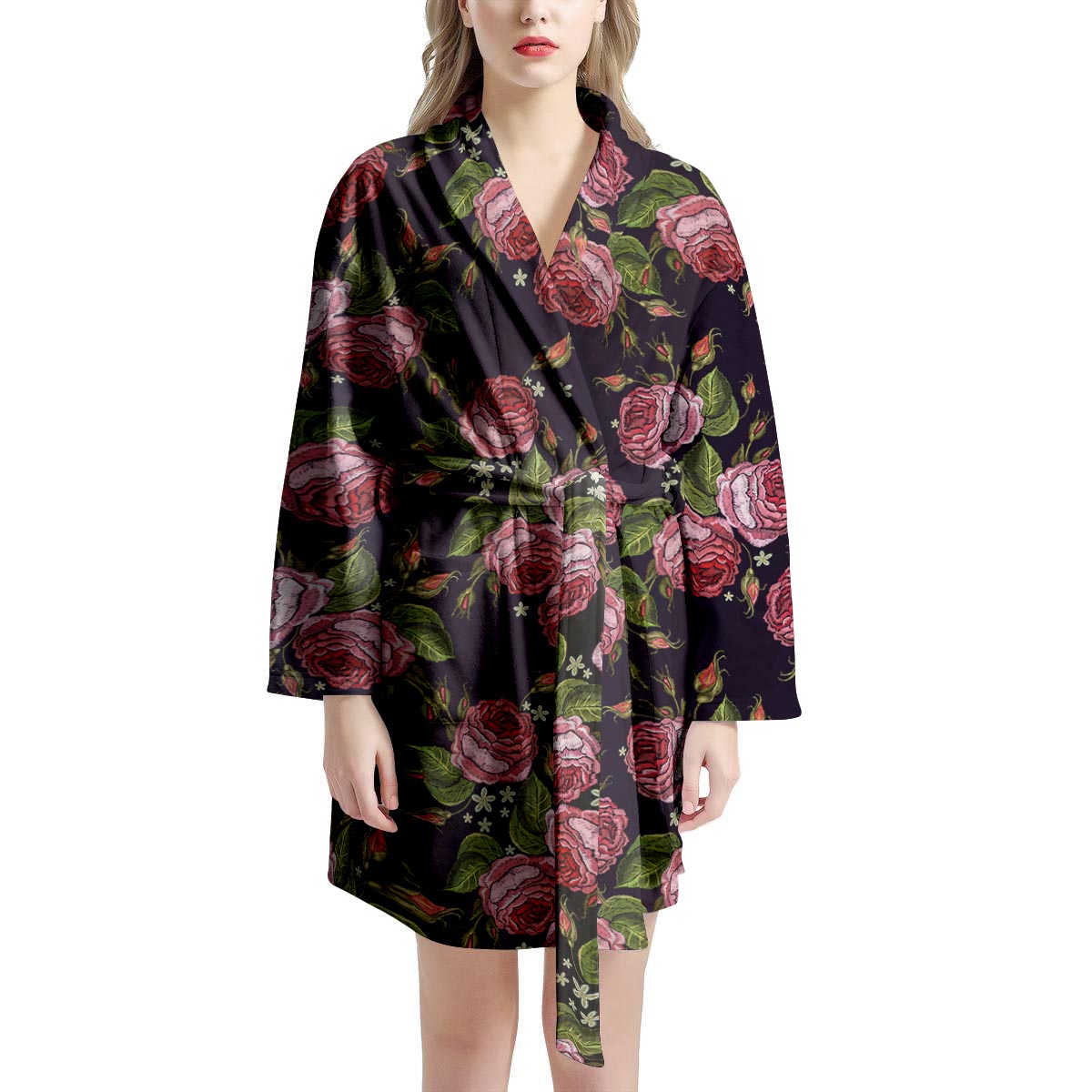 Pink Rose Print Women's Robe-grizzshop