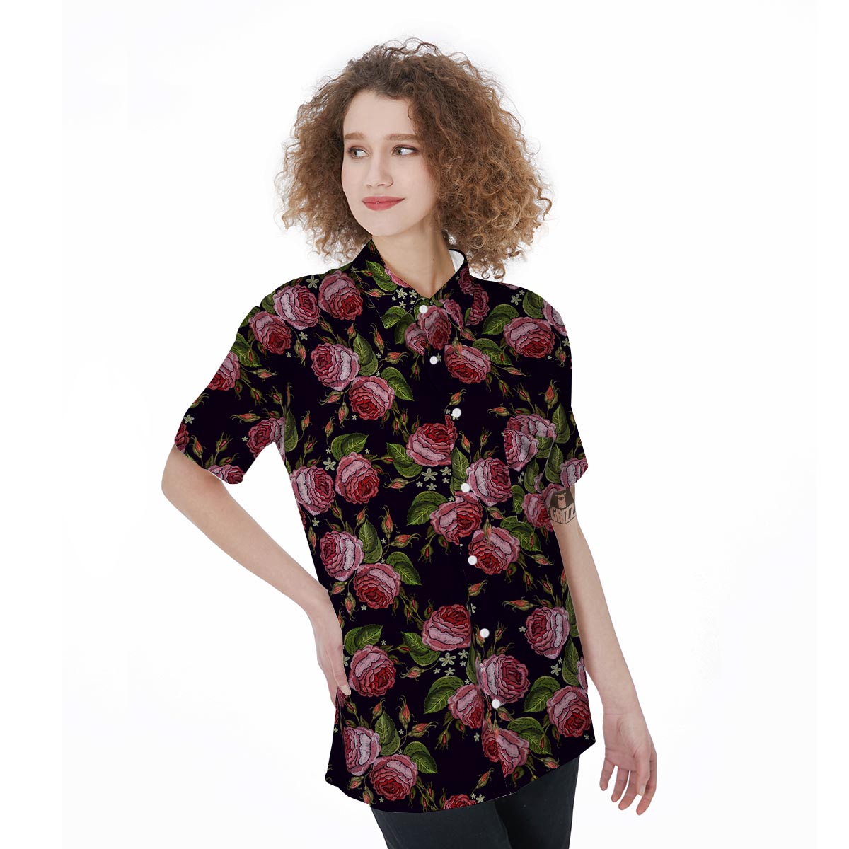 Pink Rose Print Women's Short Sleeve Shirts-grizzshop