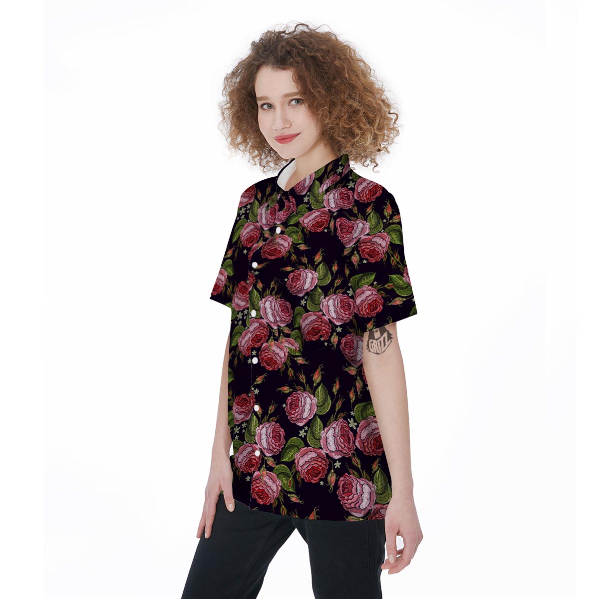 Pink Rose Print Women's Short Sleeve Shirts-grizzshop