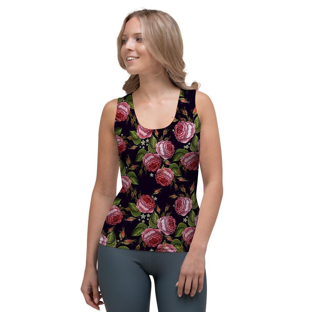 Pink Rose Print Women's Tank Top-grizzshop