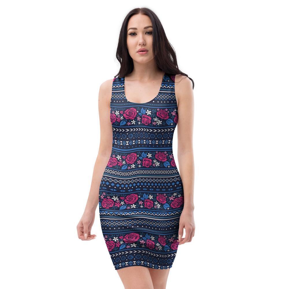 Pink Rose Tribal Aztec Bodycon Dress-grizzshop