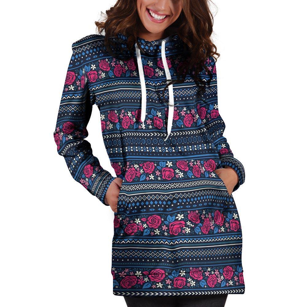 Pink Rose Tribal Aztec Hoodie Dress-grizzshop