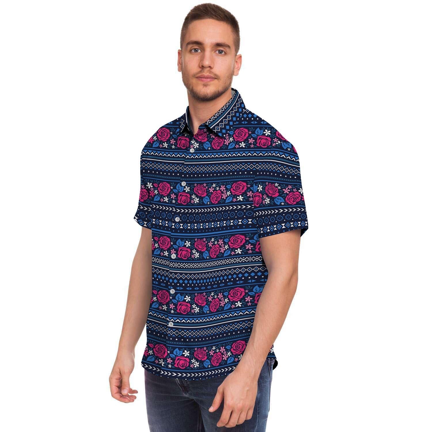 Pink Rose Tribal Aztec Men's Short Sleeve Shirt-grizzshop
