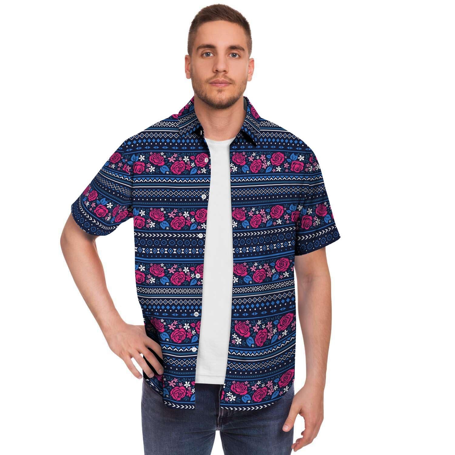 Pink Rose Tribal Aztec Men's Short Sleeve Shirt-grizzshop
