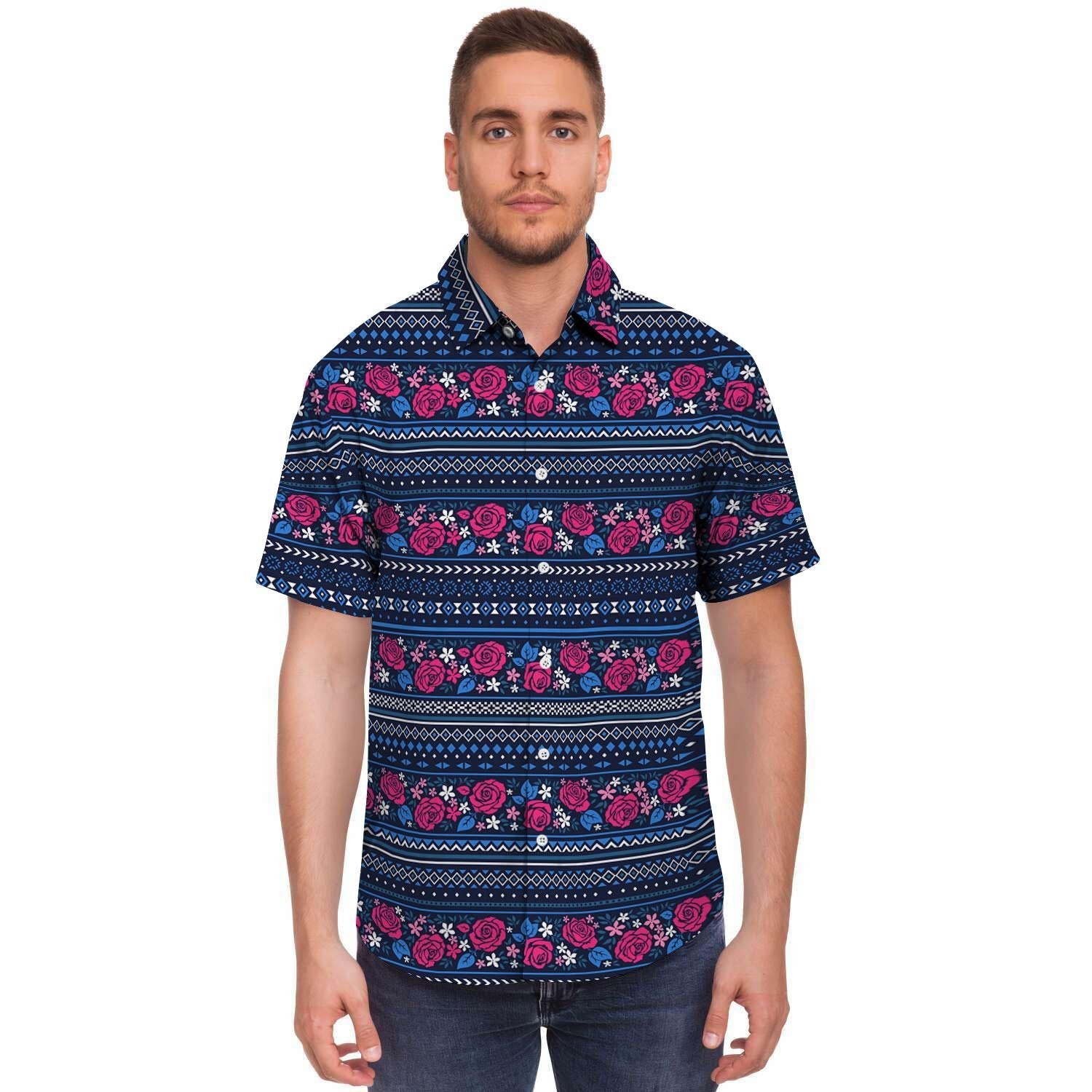 Pink Rose Tribal Aztec Men's Short Sleeve Shirt-grizzshop