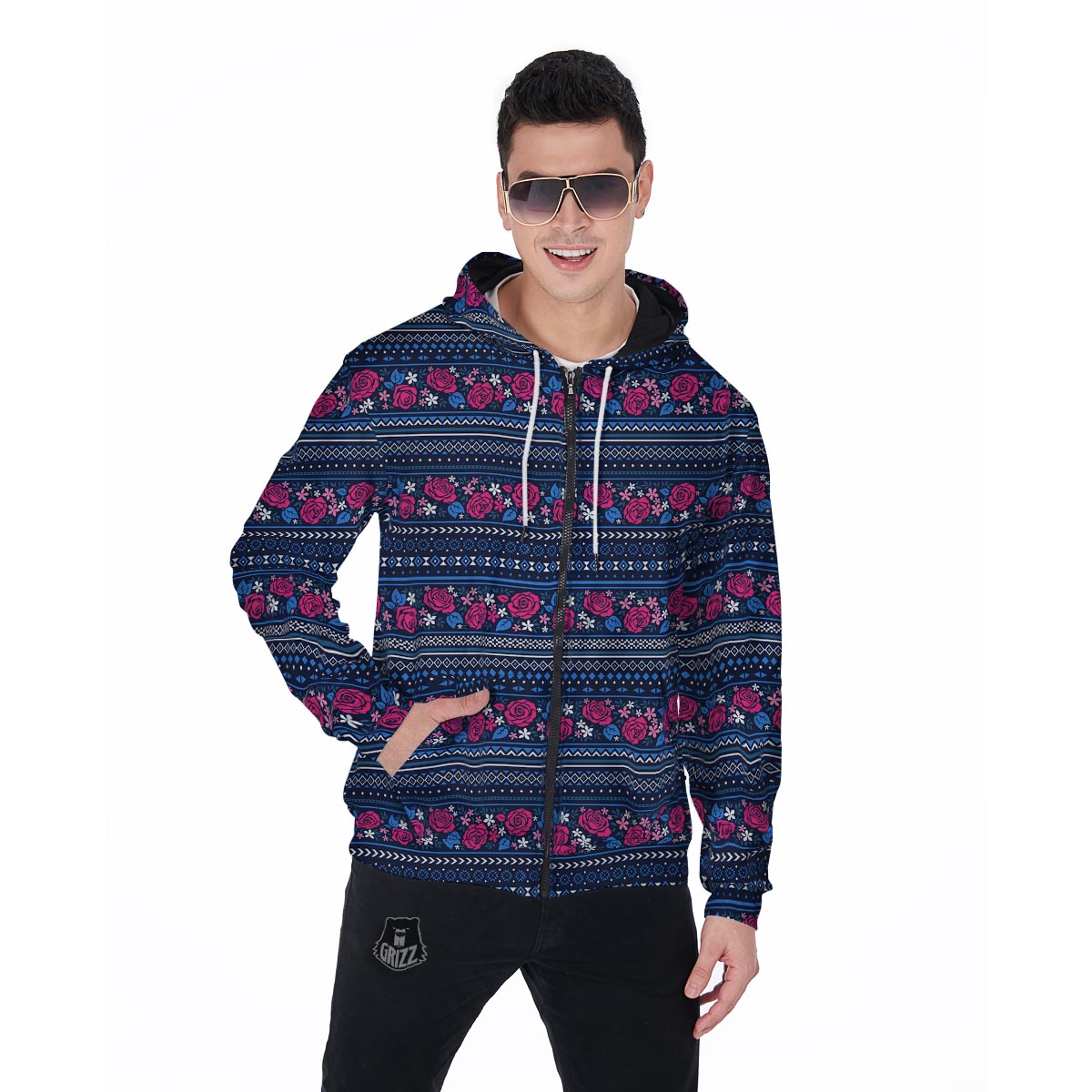Pink Rose Tribal Aztec Men's Zip Up Hoodie-grizzshop