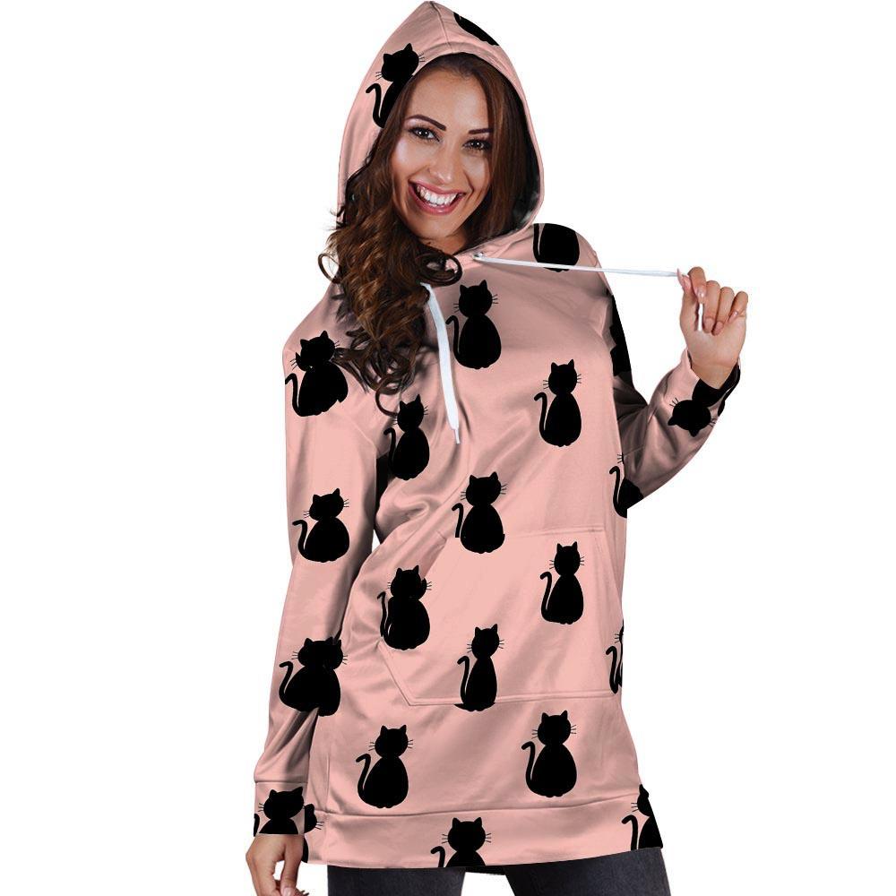 Pink Silhouette Cat Print Hoodie Dress-grizzshop