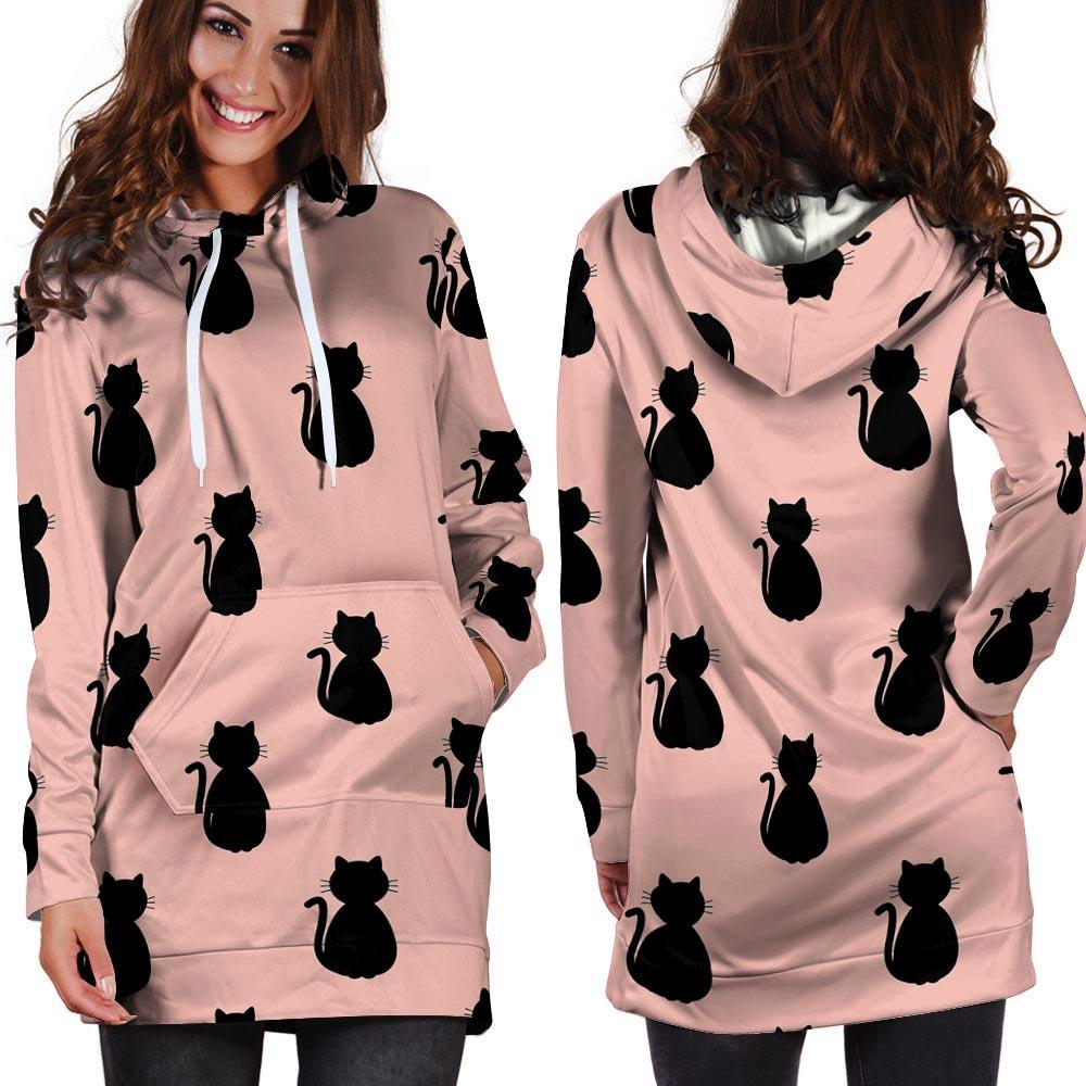 Pink Silhouette Cat Print Hoodie Dress-grizzshop