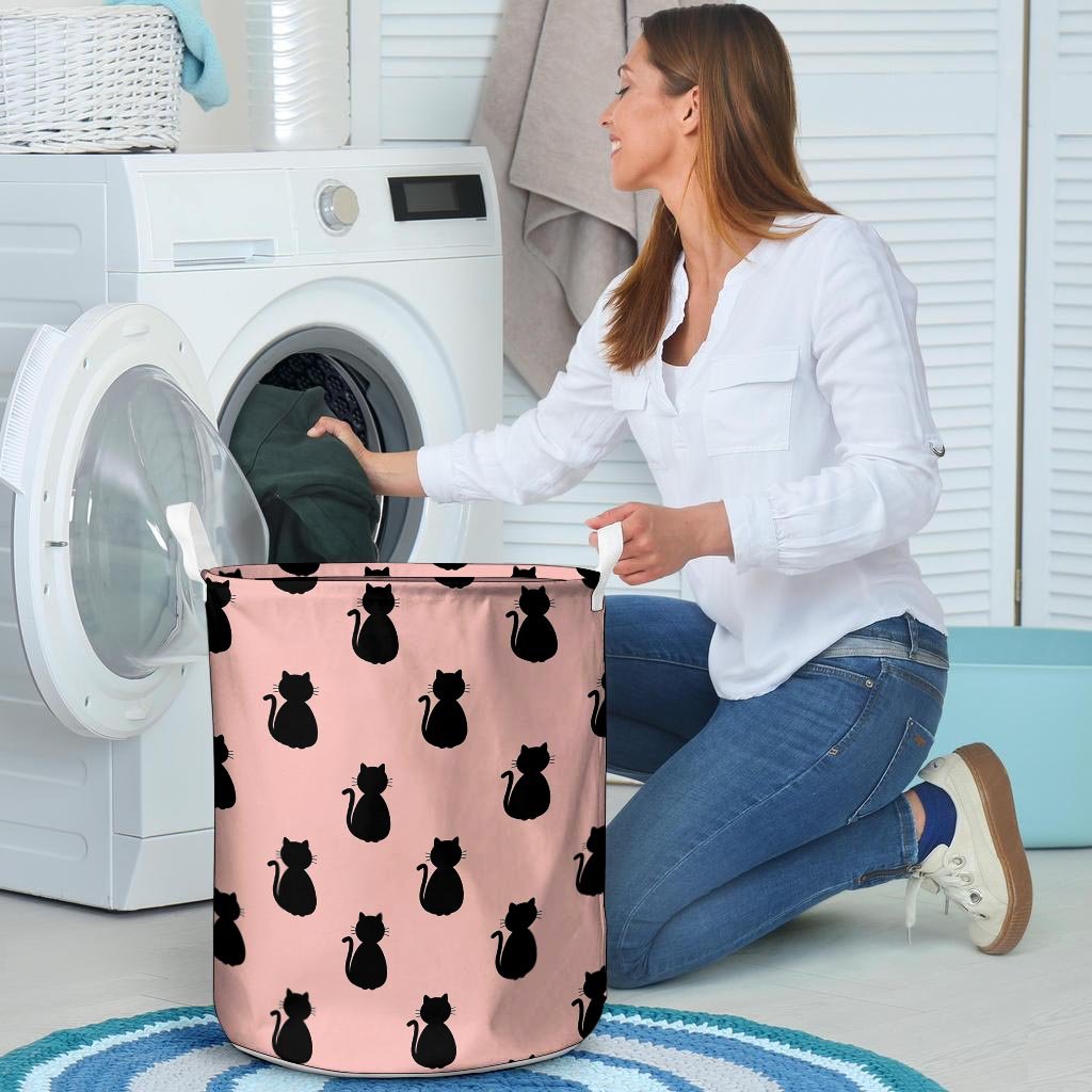Pink Silhouette Cat Print Laundry Basket-grizzshop