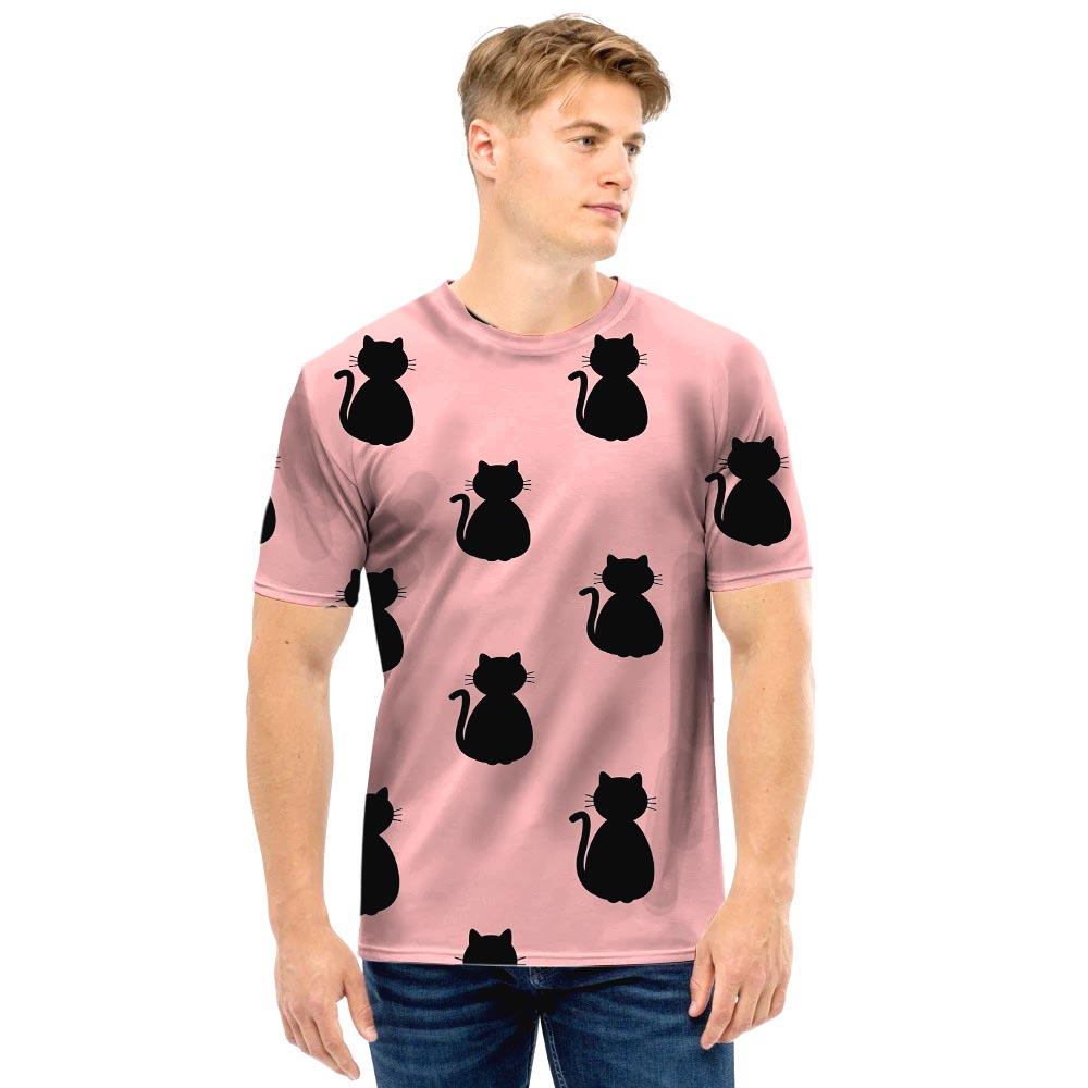 Pink Silhouette Cat Print Men T Shirt-grizzshop