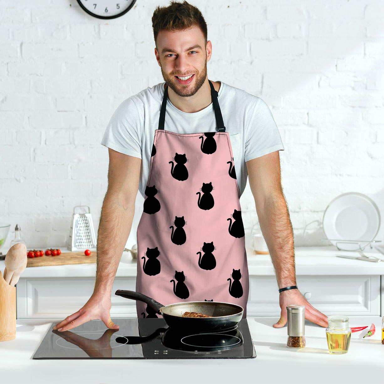 Pink Silhouette Cat Print Men's Apron-grizzshop