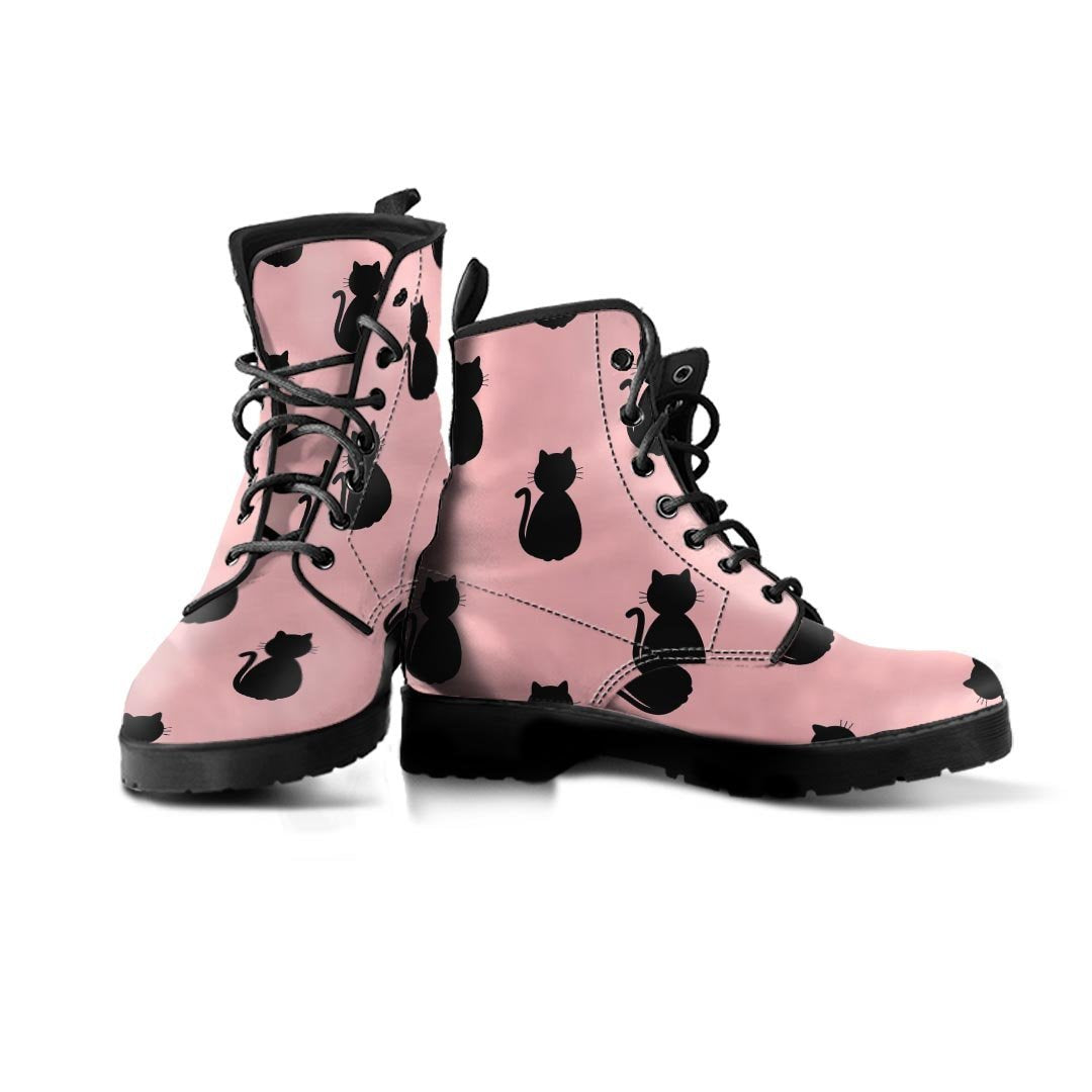 Pink Silhouette Cat Print Men's Boots-grizzshop