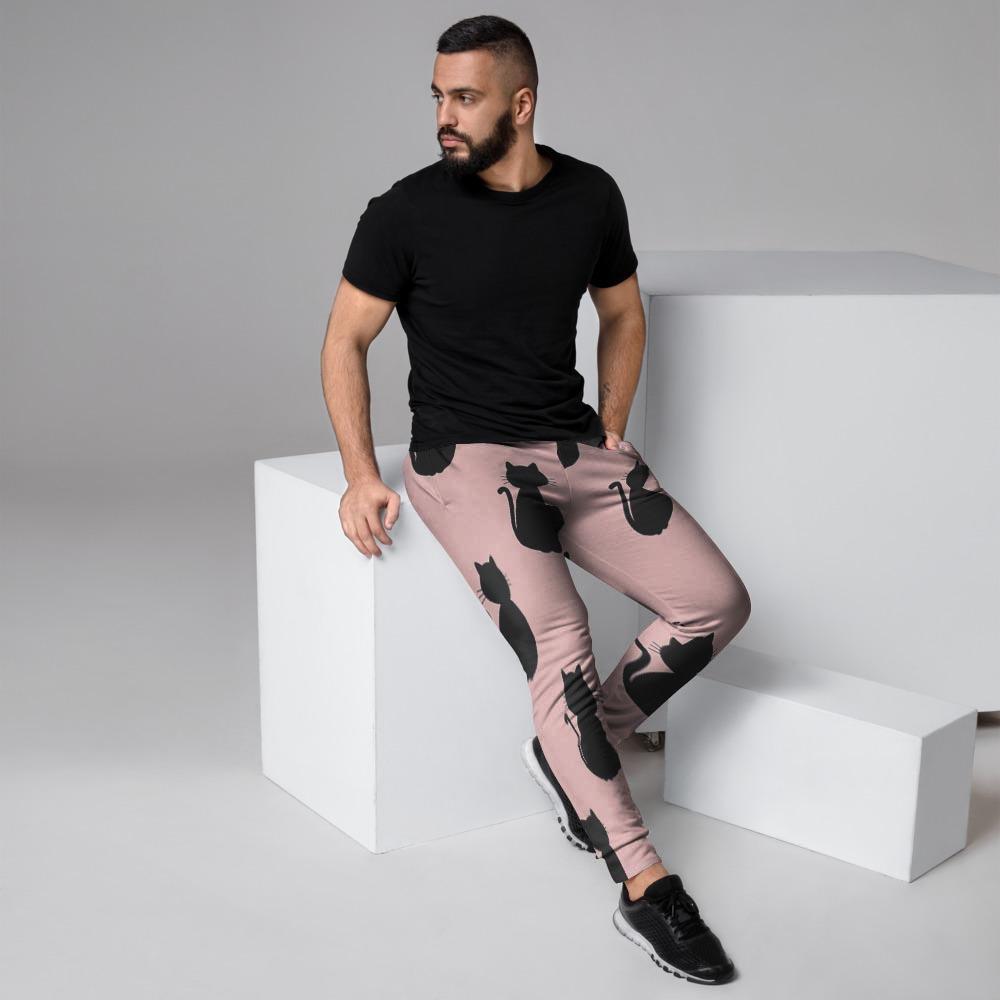 Pink Silhouette Cat Print Men's Joggers-grizzshop