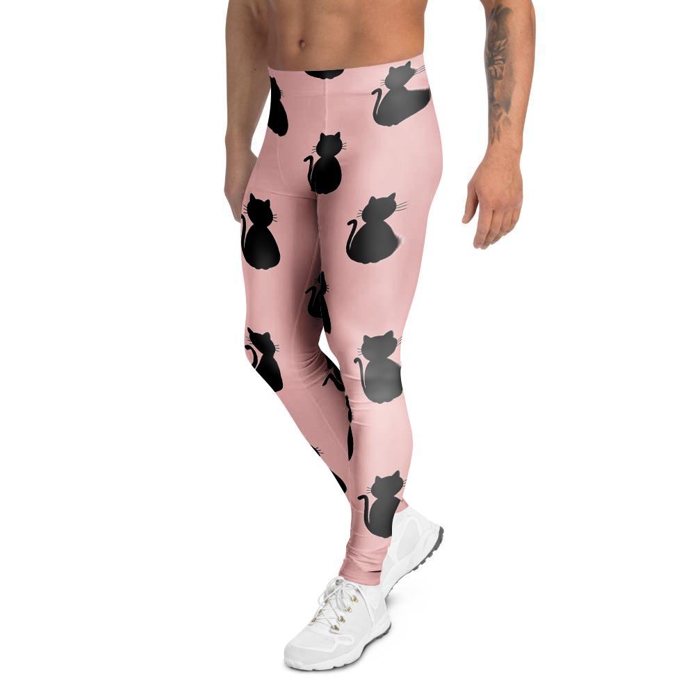 Pink Silhouette Cat Print Men's Leggings-grizzshop